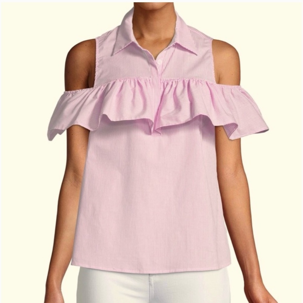 Michael Michael Kors Stripe Cold Shoulder Flounce Ruffled Shirt Top